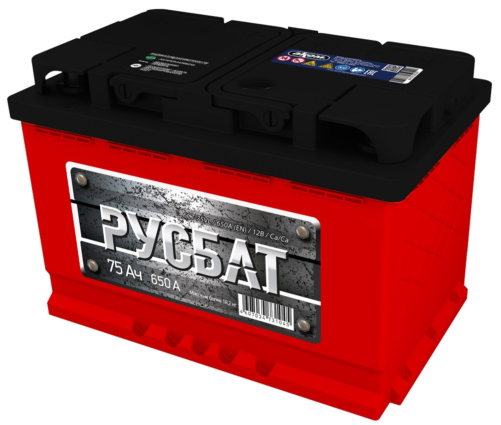 Аккумулятор Русбат  75Ah/650 /277x175x190/ правый + / левый +
